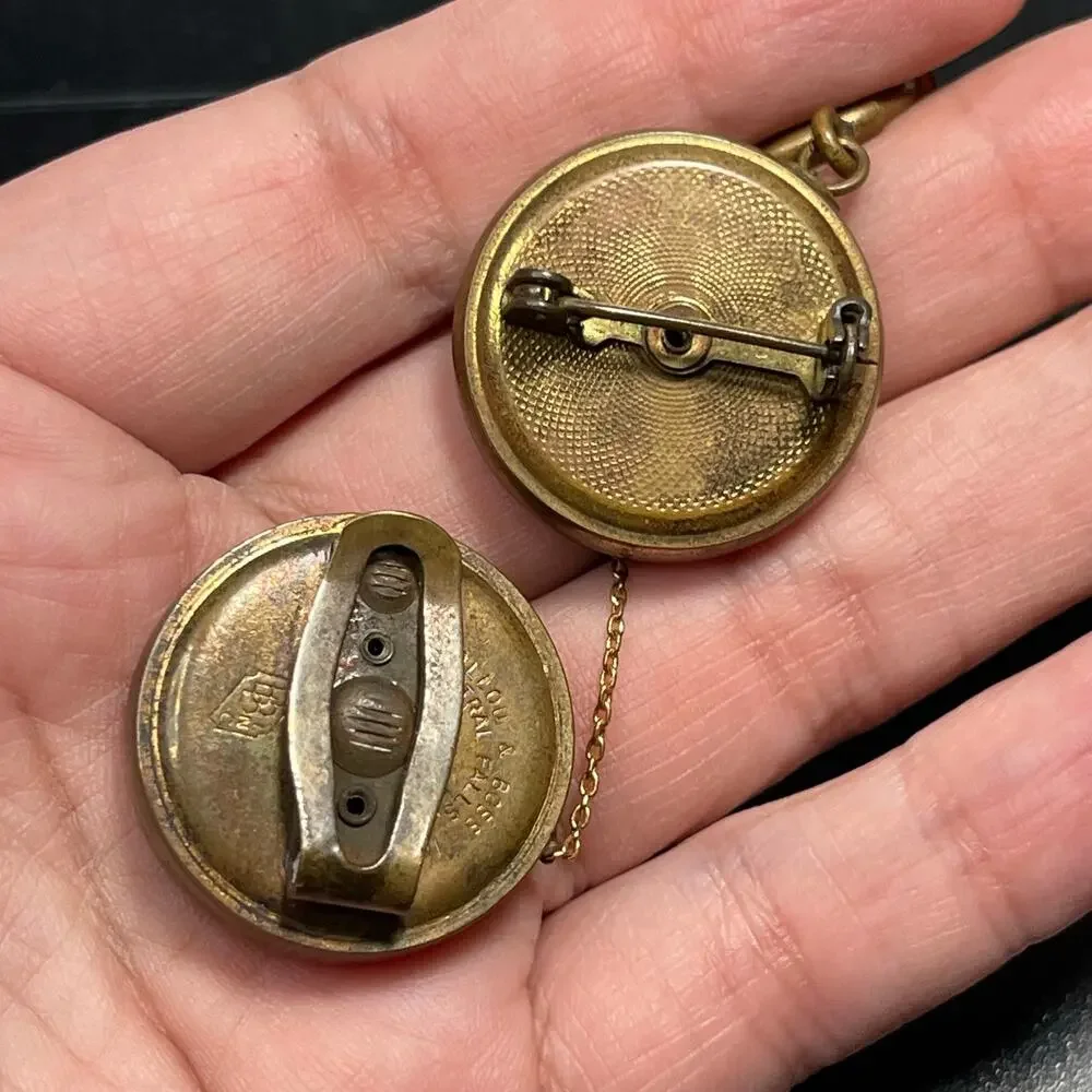 Vtg Retractable Pocket Watch Fob Chain Pin Tooled Raised Brass Nurse Lot of 2